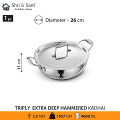 Stainless Steel Triply Hammered Bharat Extra Deep Kadhai with SS Lid
