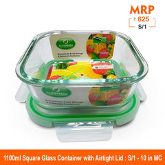 Clickfresh FoodSafe 1100ml Square Glass Container with Airtight Lid