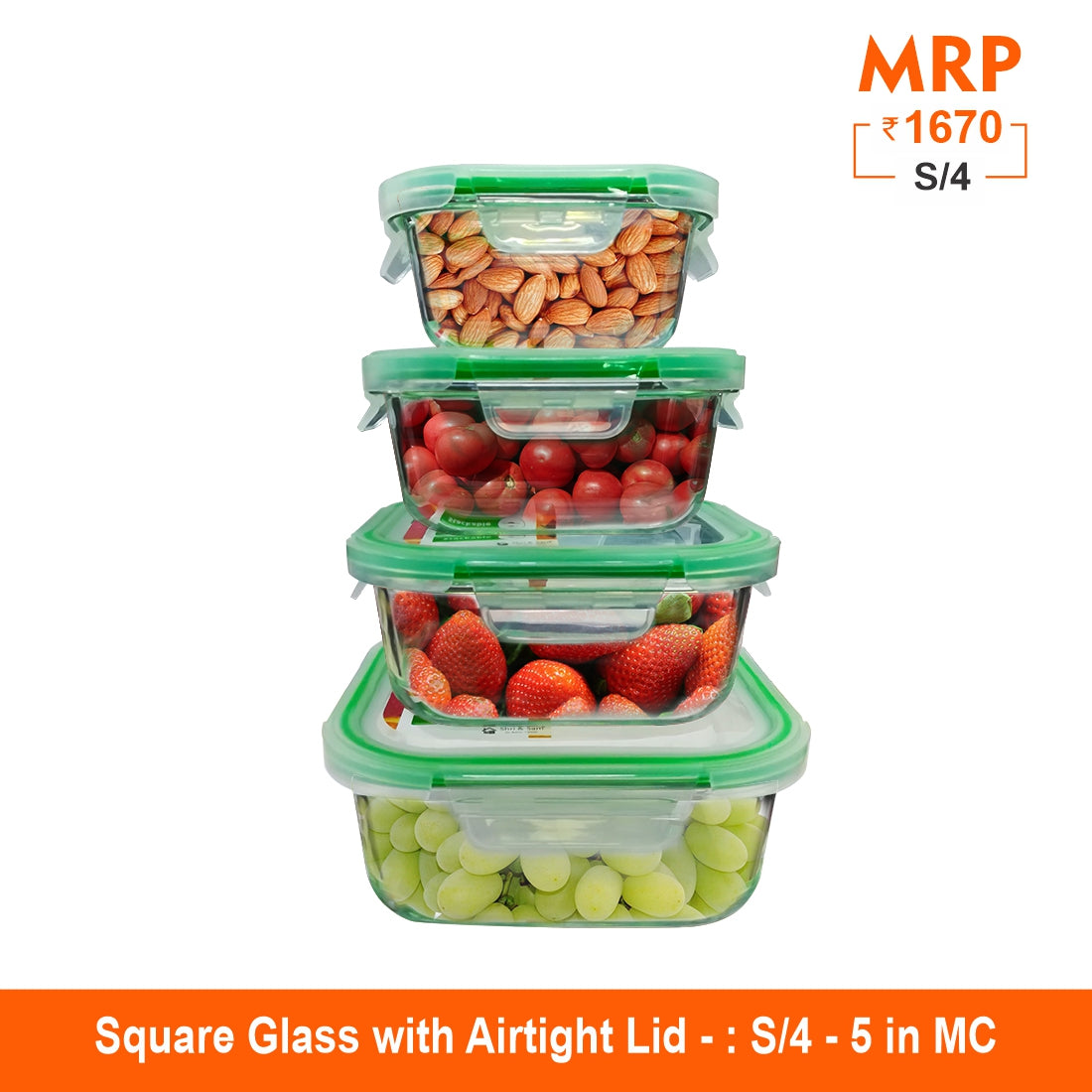 Clickfresh FoodSafe 320ml, 520ml, 800ml & 1100ml Square Glass Food Storage & Bakeware Container with Airtight Lid | 560°C Microwave Safe | High Borosilicate | Leak Proof | Set of 4 Glass Containers