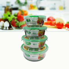 Clickfresh FoodSafe 400ml, 650ml, 950ml & 1300ml Round Glass Food Storage & Bakeware Container with Airtight Lid | 560°C Microwave Safe | High Borosilicate | Leak Proof | Set of 4 Glass Containers