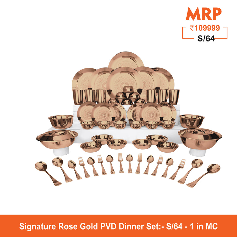 Stainless Steel 64 PCS Dinner Set (6 People) with Rose Gold PVD Coating and Laser Signature