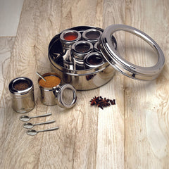 Stainless Steel Small Masala Box with See Through Lid and 7 Containers with Spoon