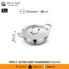 Stainless Steel Triply Hammered Bharat Extra Deep Kadhai with SS Lid