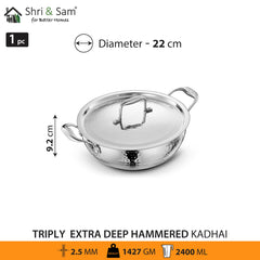 Stainless Steel Triply Hammered Bharat Extra Deep Kadhai with SS Lid