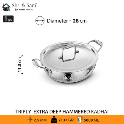 Stainless Steel Triply Hammered Bharat Extra Deep Kadhai with SS Lid