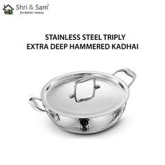 Stainless Steel Triply Hammered Bharat Extra Deep Kadhai with SS Lid
