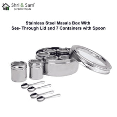 Stainless Steel Small Masala Box with See Through Lid and 7 Containers with Spoon