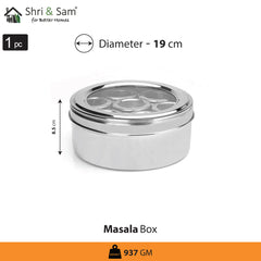 Stainless Steel Small Masala Box with See Through Lid and 7 Containers with Spoon