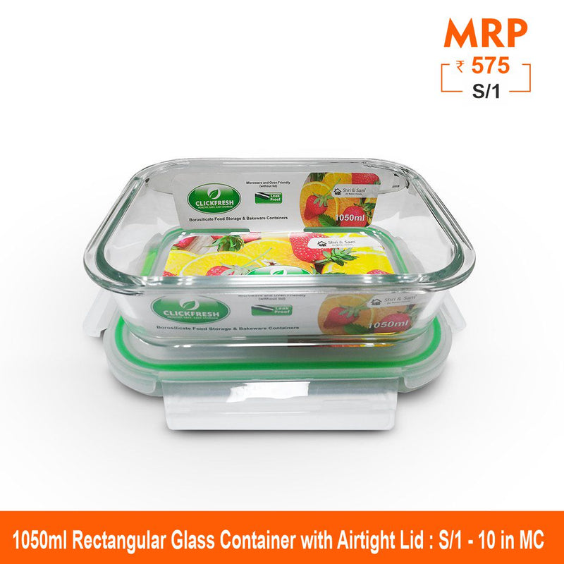 Clickfresh FoodSafe 1050ml Rectangular Glass Container with Airtight Lid
