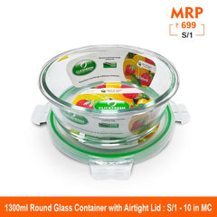 Clickfresh FoodSafe 1300ml Round Glass Container with Airtight Lid