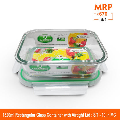 Clickfresh FoodSafe 1520ml Rectangular Glass Container with Airtight Lid