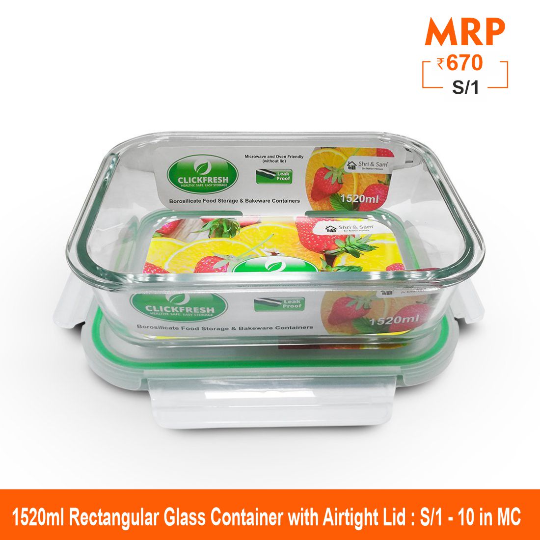 Clickfresh FoodSafe 1520ml Rectangular Glass Container with Airtight Lid