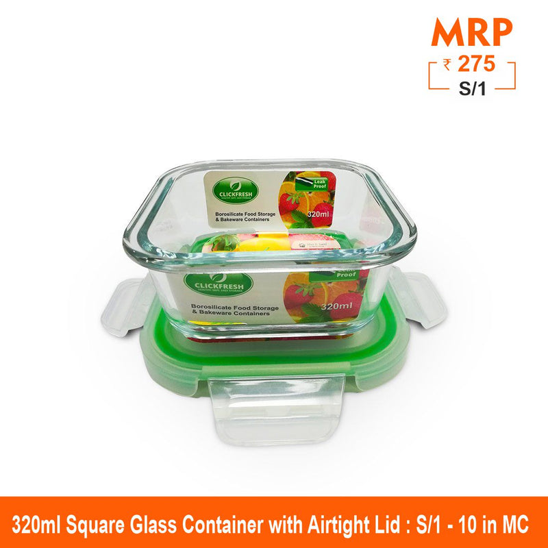Clickfresh FoodSafe 320ml Square Glass Container with Airtight Lid