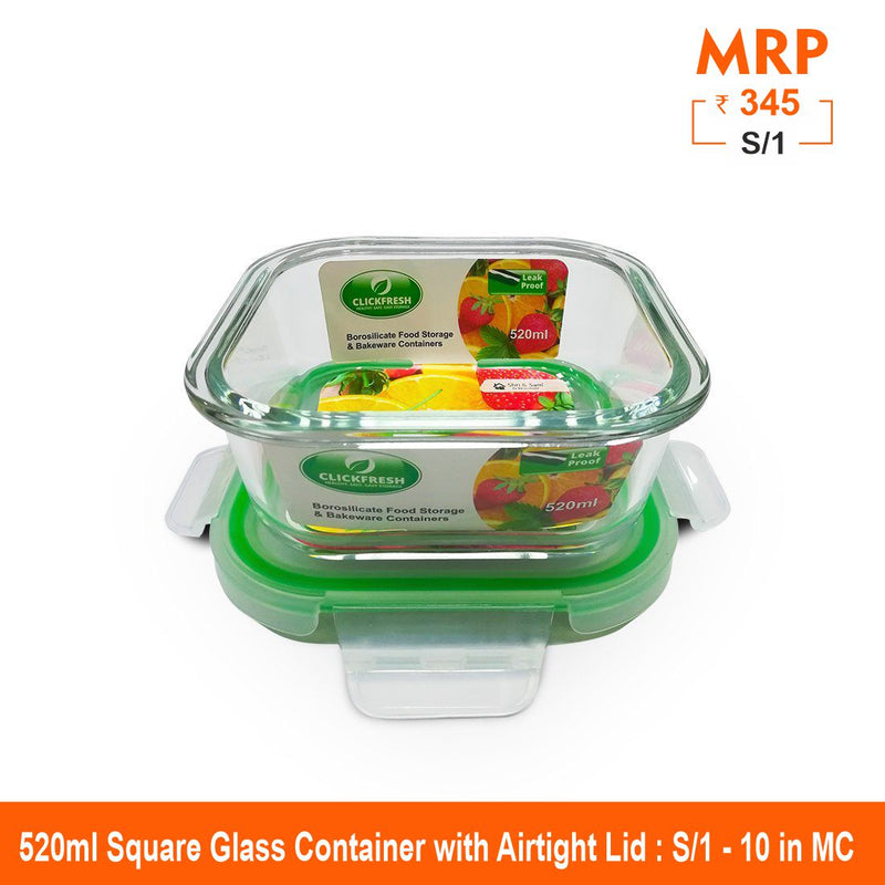 Clickfresh FoodSafe 520ml Square Glass Container with Airtight Lid