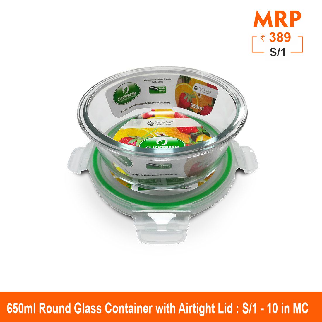 Clickfresh FoodSafe 650ml Round Glass Container with Airtight Lid