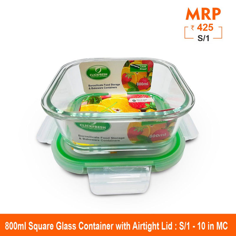 Clickfresh FoodSafe 800ml Square Glass Container with Airtight Lid