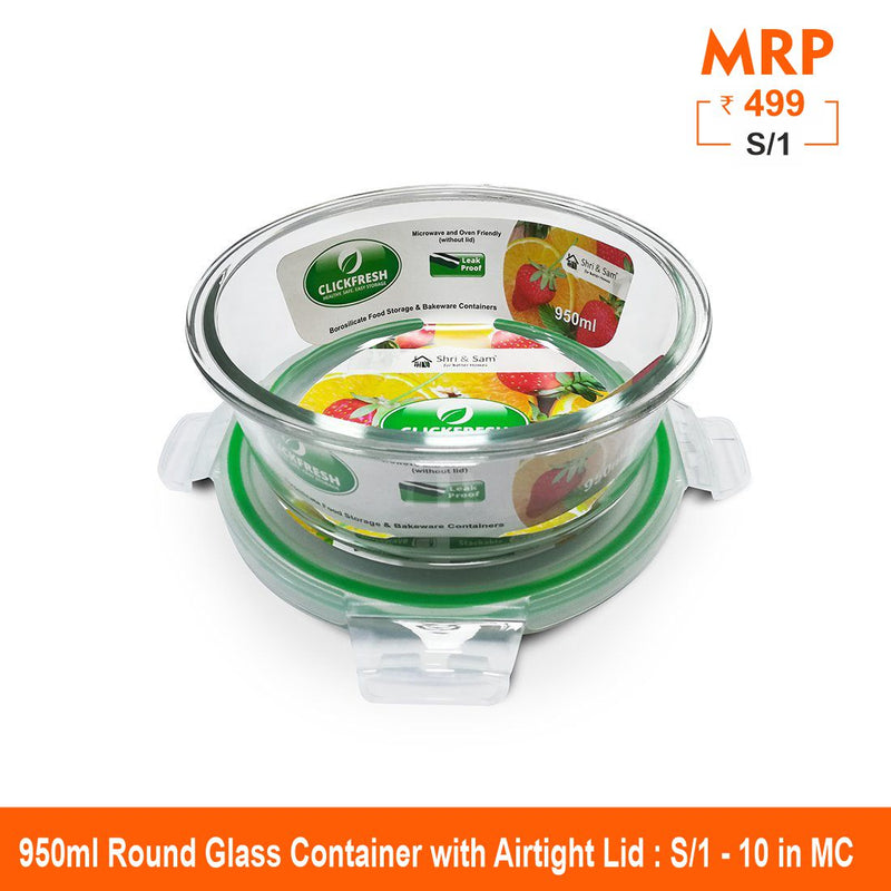 Clickfresh FoodSafe 950ml Round Glass Container with Airtight Lid