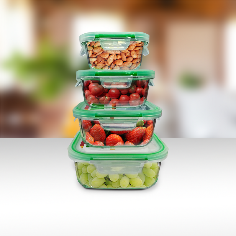 Clickfresh FoodSafe 320ml, 520ml, 800ml & 1100ml Square Glass Food Storage & Bakeware Container with Airtight Lid | 560°C Microwave Safe | High Borosilicate | Leak Proof | Set of 4 Glass Containers