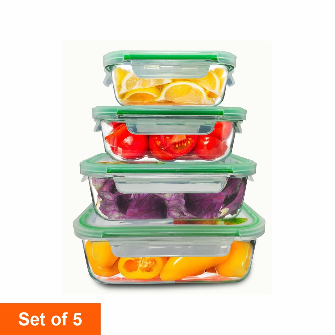 Clickfresh FoodSafe 370ml, 640ml, 1050ml & 1520ml Rectangular Glass Food Storage & Bakeware Container with Airtight Lid | 560°C Microwave Safe | High Borosilicate | Leak Proof | Set of 4 Glass Containers