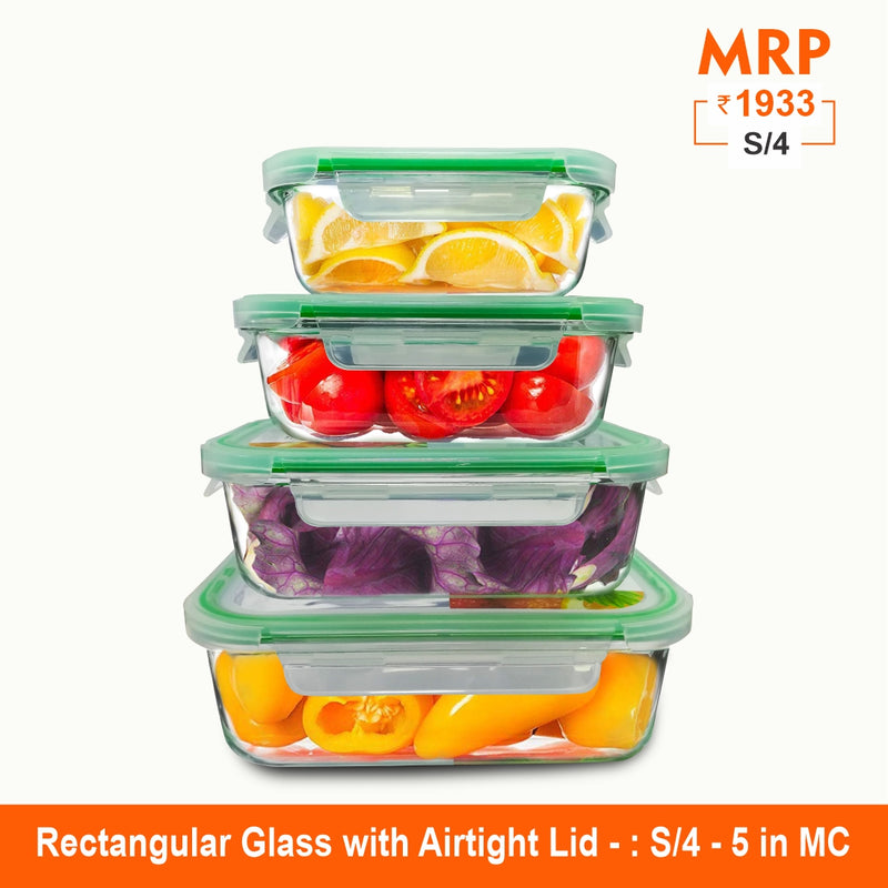 Clickfresh FoodSafe 370ml, 640ml, 1050ml & 1520ml Rectangular Glass Food Storage & Bakeware Container with Airtight Lid | 560°C Microwave Safe | High Borosilicate | Leak Proof | Set of 4 Glass Containers