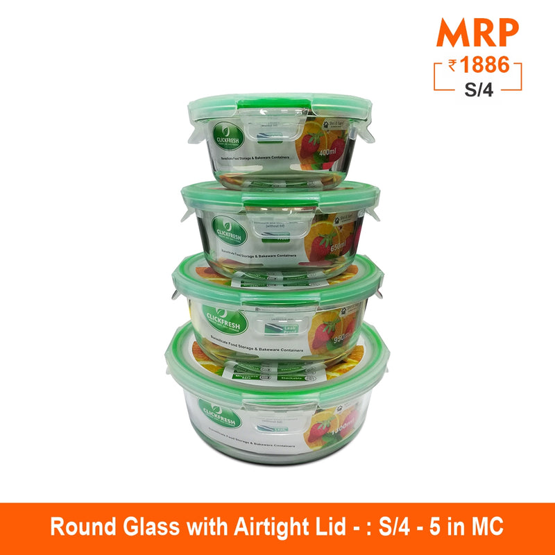 Clickfresh FoodSafe 400ml, 650ml, 950ml & 1300ml Round Glass Food Storage & Bakeware Container with Airtight Lid | 560°C Microwave Safe | High Borosilicate | Leak Proof | Set of 4 Glass Containers