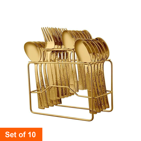 24 PCS Gold Cutlery set with PVD Coating - Impressa Hammered with stand