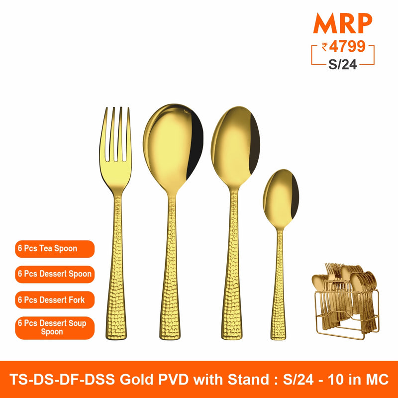 24 PCS Gold Cutlery set with PVD Coating - Impressa Hammered with stand