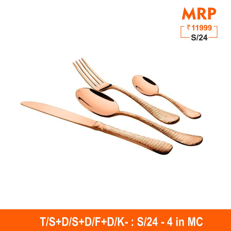 24 PCS Rose Gold Cutlery Set with PVD Coating - New Rosemary Hammered