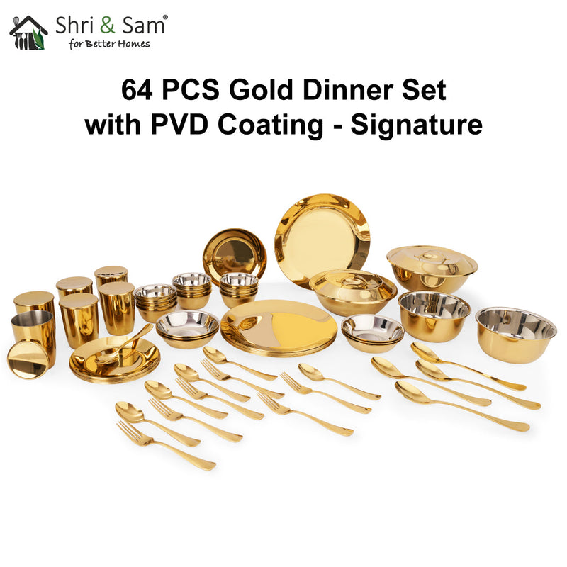 Stainless Steel 64 PCS Dinner Set (6 People) with Gold PVD Coating Signature
