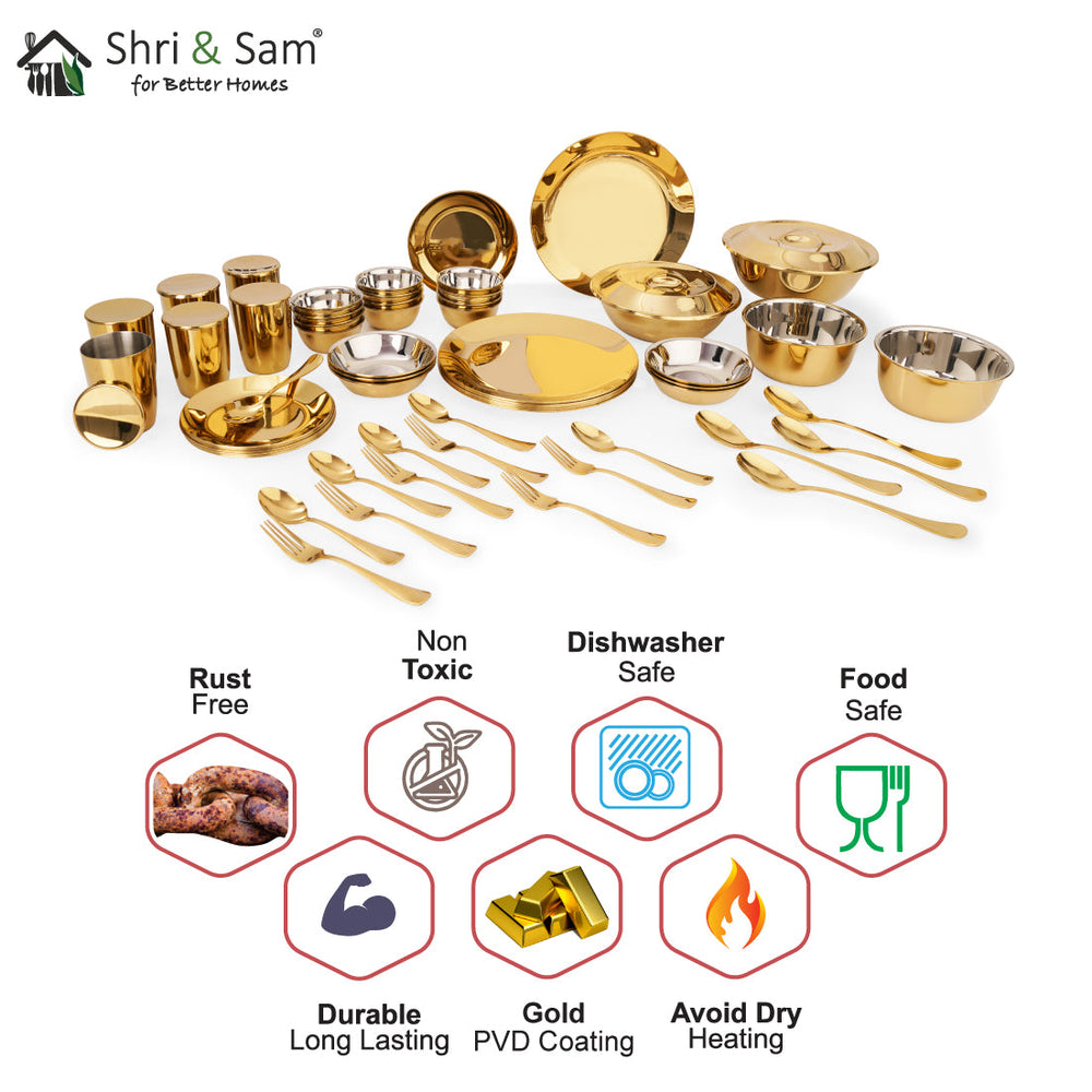 Stainless Steel 64 PCS Dinner Set (6 People) with Gold PVD Coating Signature
