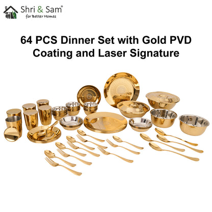 Stainless Steel 64 PCS Dinner Set (6 People) with Gold PVD Coating and Laser Signature