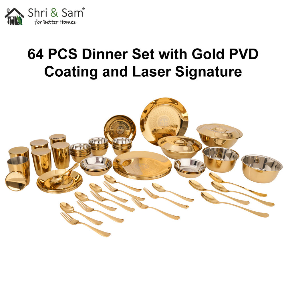 Stainless Steel 64 PCS Dinner Set (6 People) with Gold PVD Coating and Laser Signature