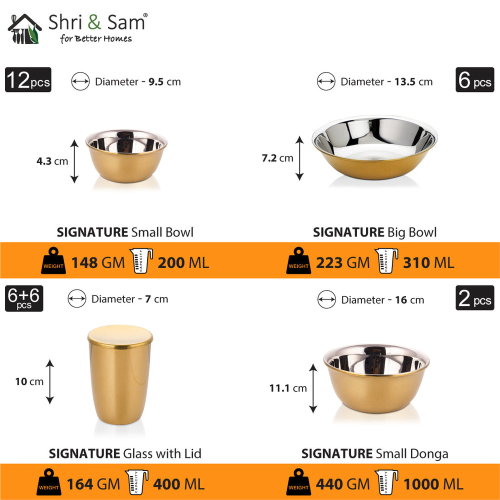 Stainless Steel 64 PCS Dinner Set (6 People) with Gold PVD Coating and Laser Signature