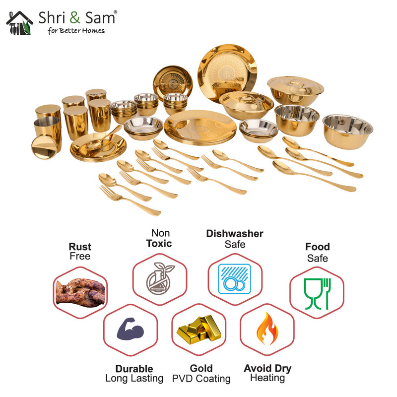 Stainless Steel 64 PCS Dinner Set (6 People) with Gold PVD Coating and Laser Signature