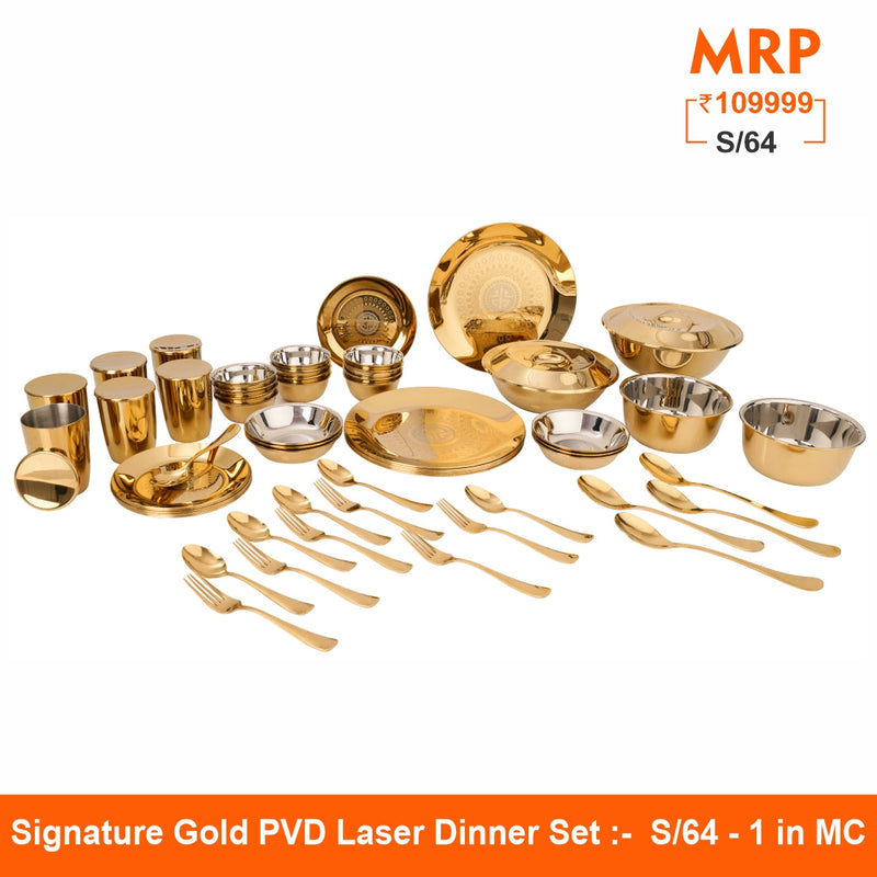 Stainless Steel 64 PCS Dinner Set (6 People) with Gold PVD Coating and Laser Signature