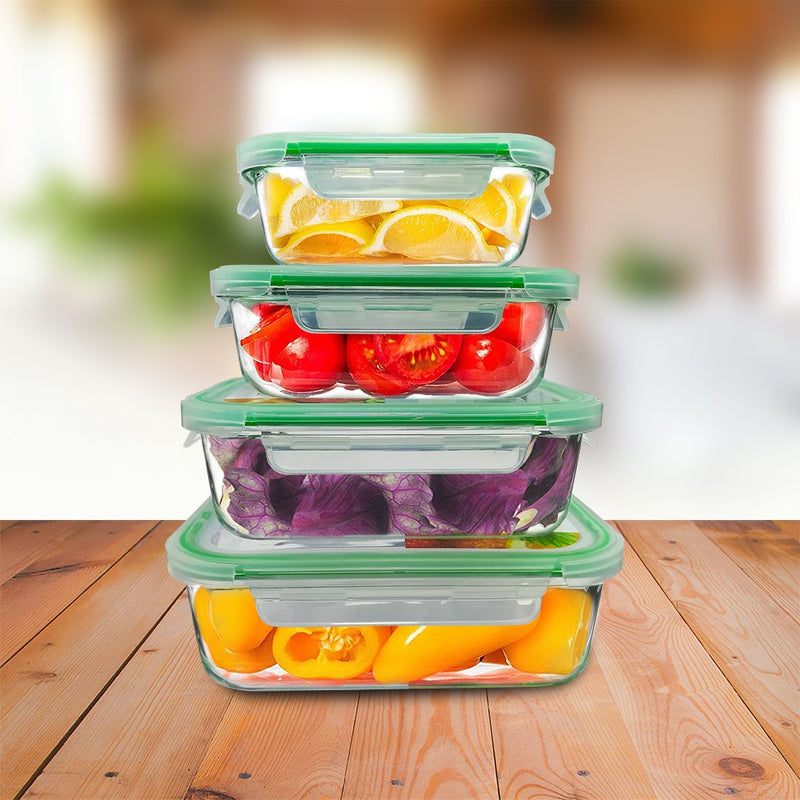 Clickfresh FoodSafe 370ml, 640ml, 1050ml & 1520ml Rectangular Glass Food Storage & Bakeware Container with Airtight Lid | 560°C Microwave Safe | High Borosilicate | Leak Proof | Set of 4 Glass Containers
